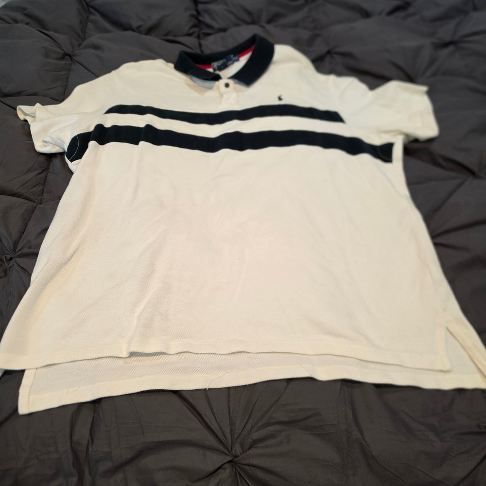 Vintage Polo Ralph Lauren Polo Shirt Mens XXL Cream Navy Striped Short Sleeve